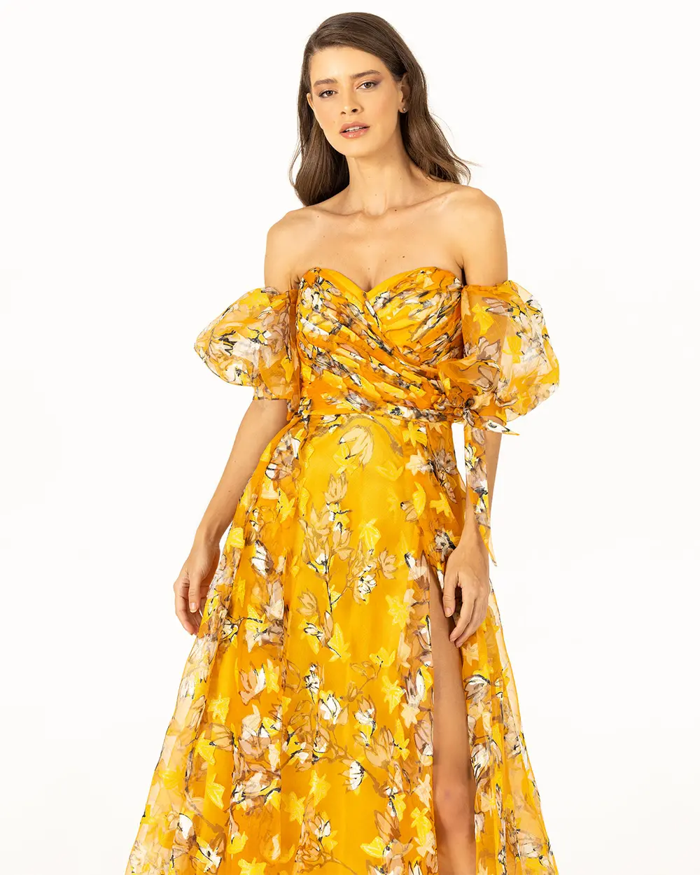  FLORAL PATTERNED EVENING DRESS WITH BALLOON SLEEVES