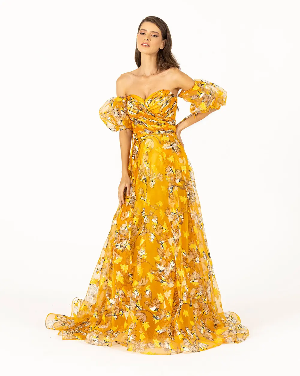  FLORAL PATTERNED EVENING DRESS WITH BALLOON SLEEVES