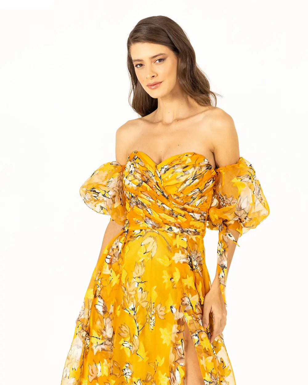  FLORAL PATTERNED EVENING DRESS WITH BALLOON SLEEVES