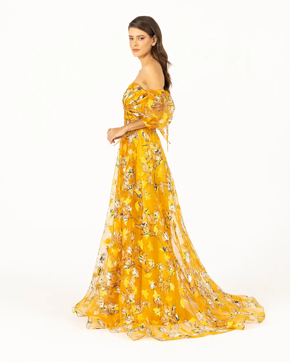  FLORAL PATTERNED EVENING DRESS WITH BALLOON SLEEVES