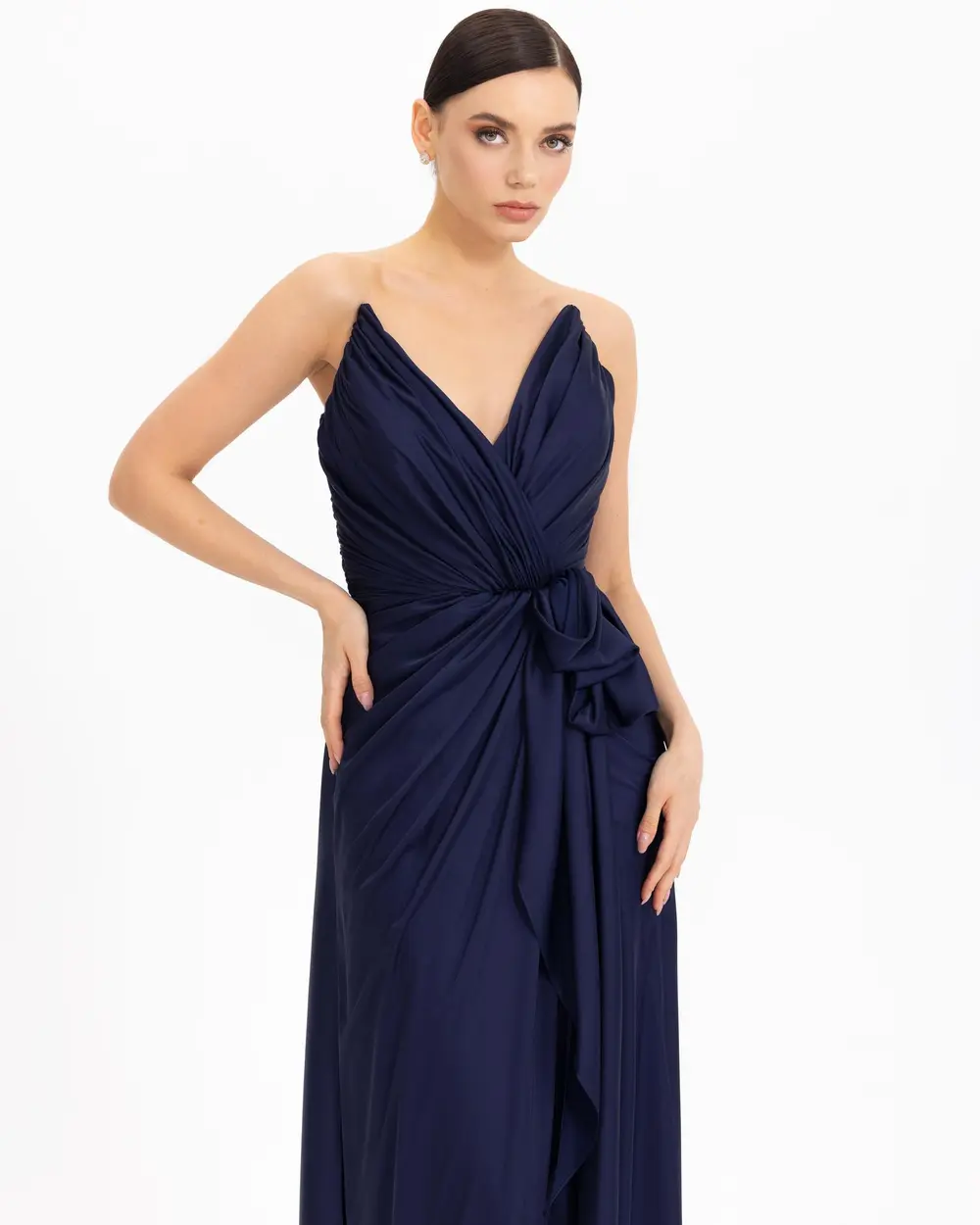  V-NECK SATIN LOOK EVENING DRESS