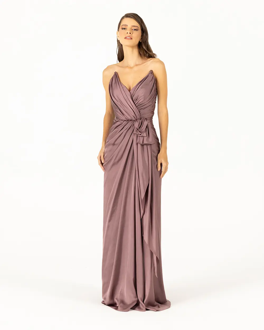  V-NECK SATIN LOOK EVENING DRESS