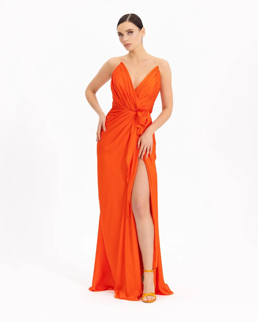  V-NECK SATIN LOOK EVENING DRESS