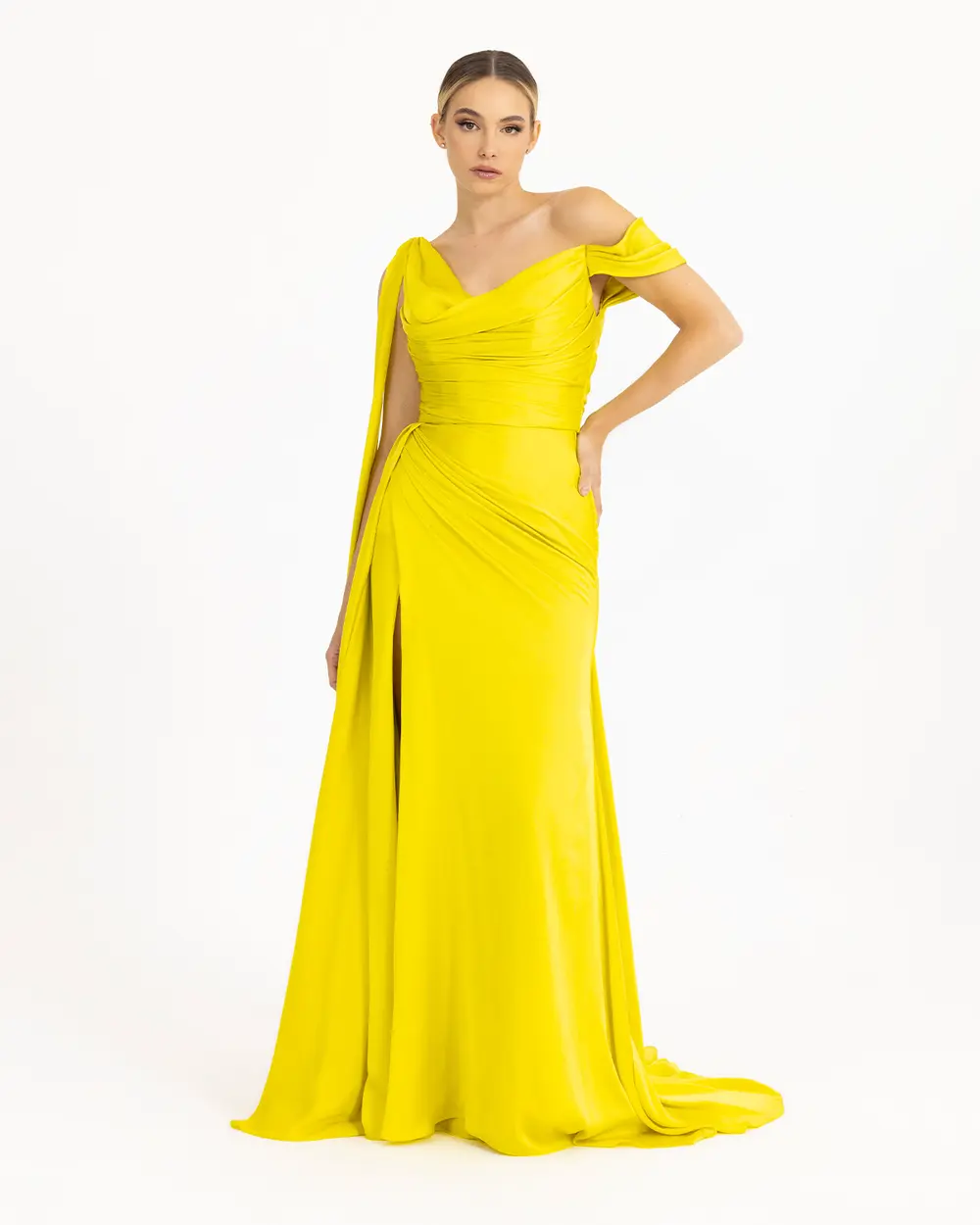 SATIN LOOK ONE SHOULDER EVENING DRESS