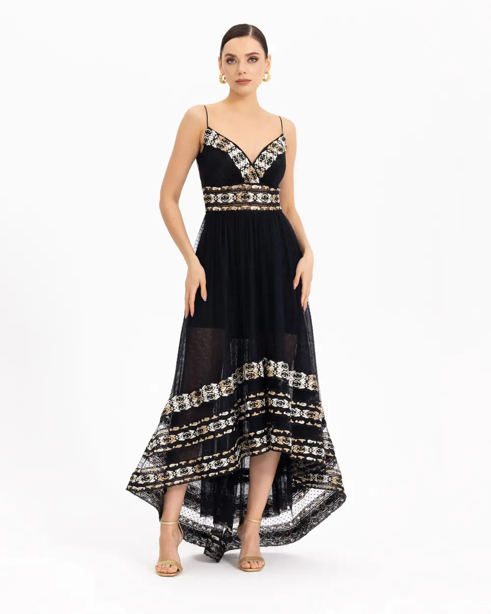 Embroidery Detailed A Form Tulle Evening Dress