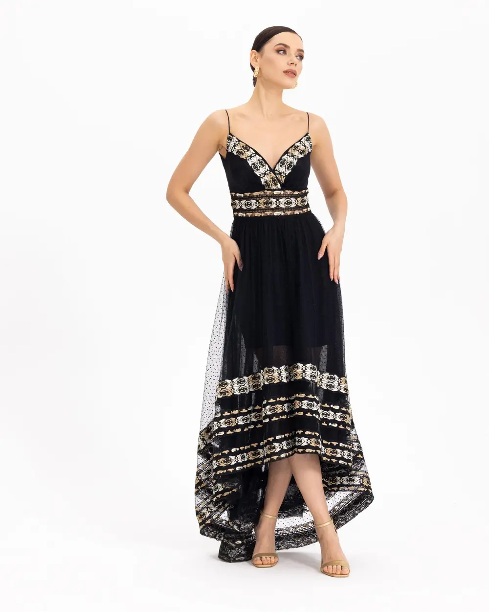 Embroidery Detailed A Form Tulle Evening Dress