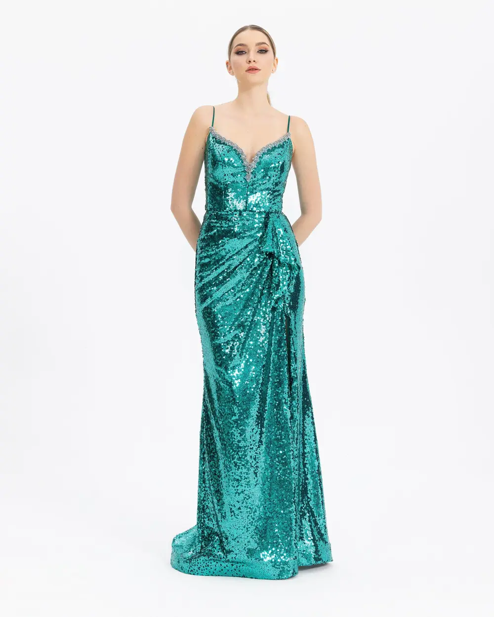  STONE EMBROIDERED SEQUIN EVENING DRESS