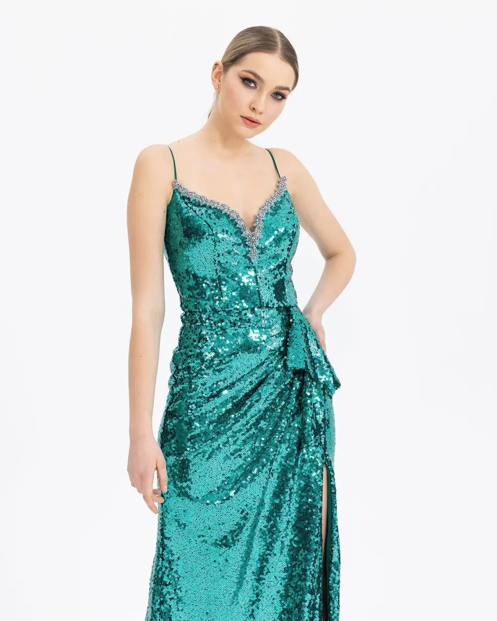  STONE EMBROIDERED SEQUIN EVENING DRESS