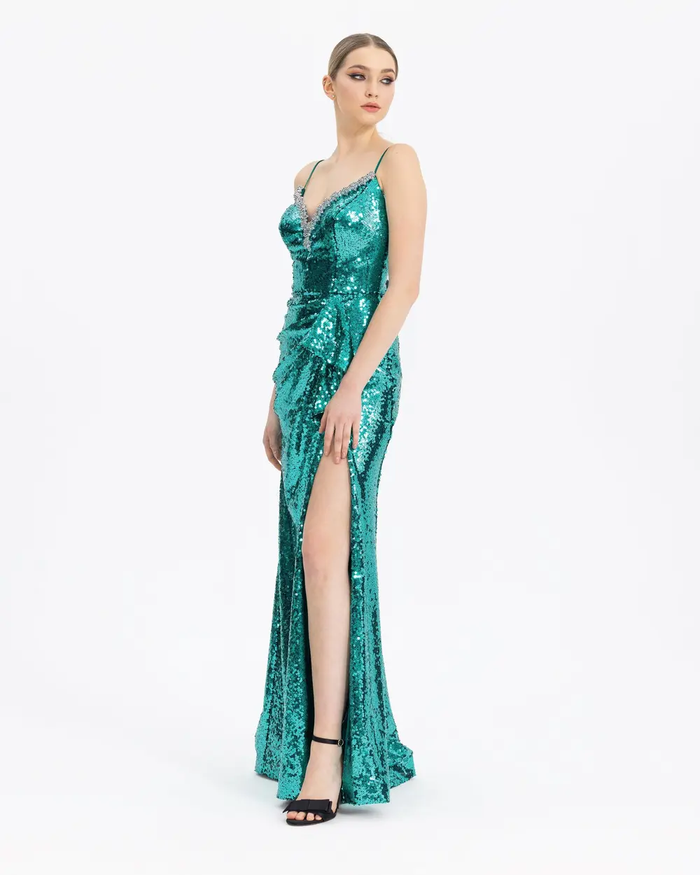  STONE EMBROIDERED SEQUIN EVENING DRESS