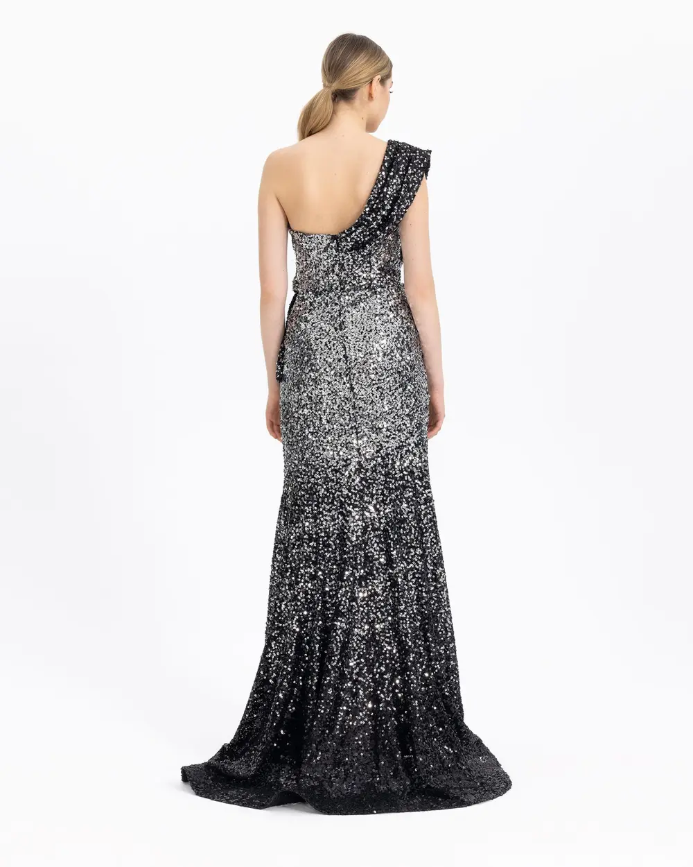 ONE SHOULDER SLIT SEQUIN EVENING DRESS