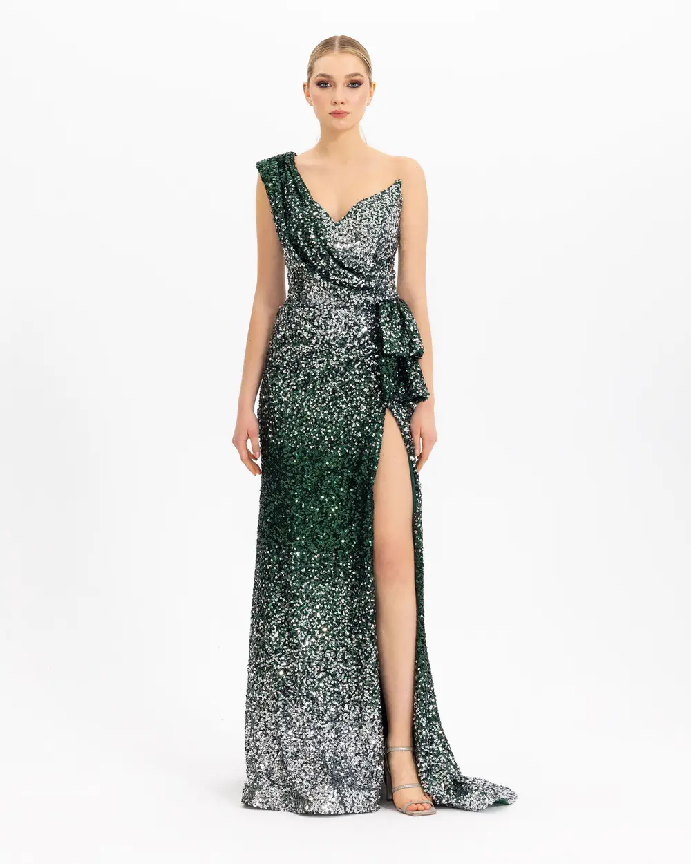 ONE SHOULDER SLIT SEQUIN EVENING DRESS