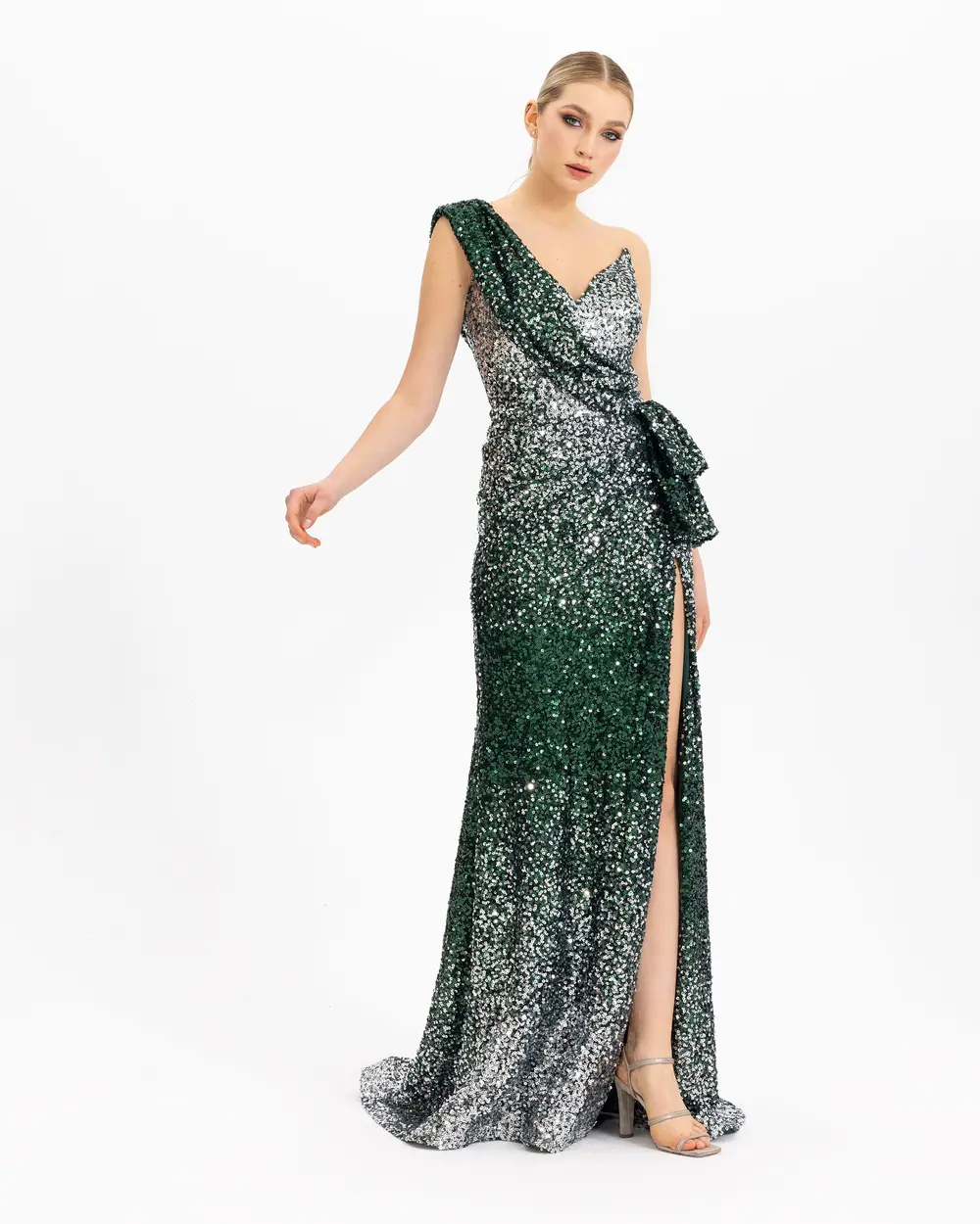 ONE SHOULDER SLIT SEQUIN EVENING DRESS