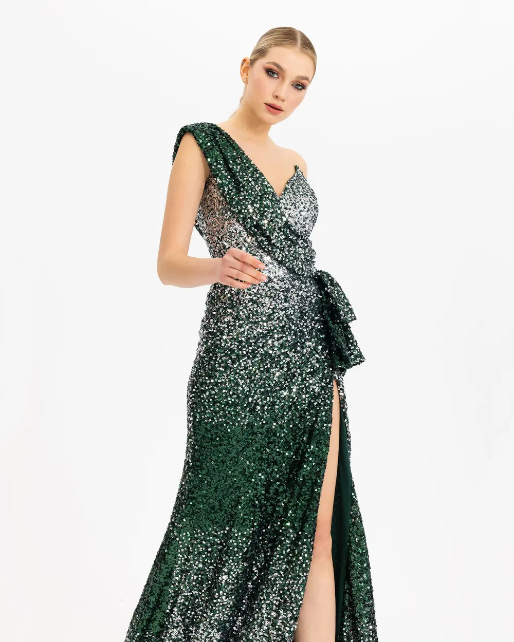 ONE SHOULDER SLIT SEQUIN EVENING DRESS