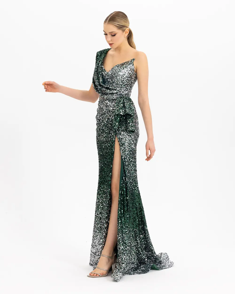 ONE SHOULDER SLIT SEQUIN EVENING DRESS