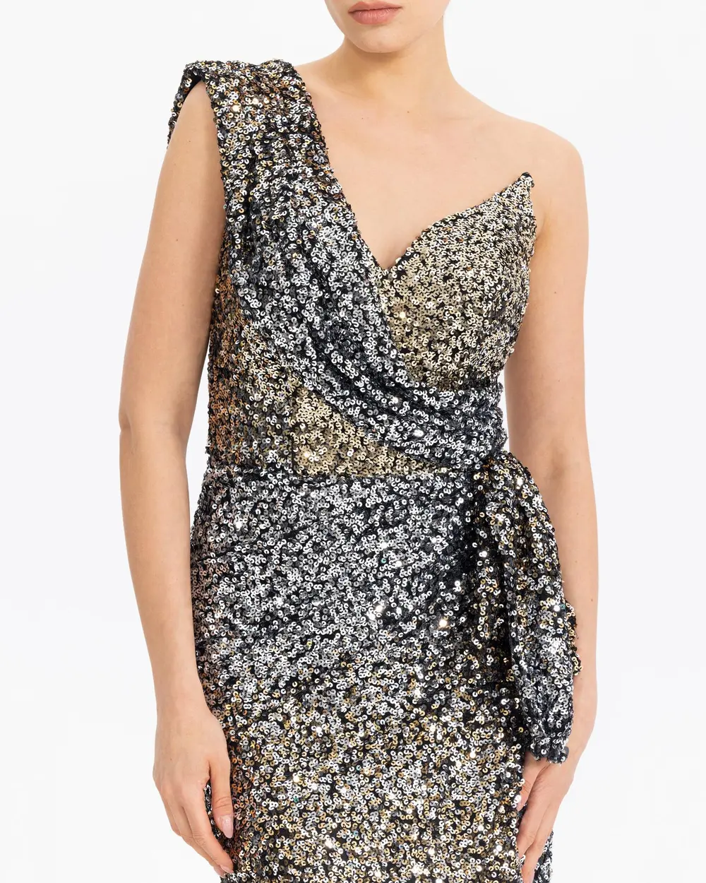 ONE SHOULDER SLIT SEQUIN EVENING DRESS