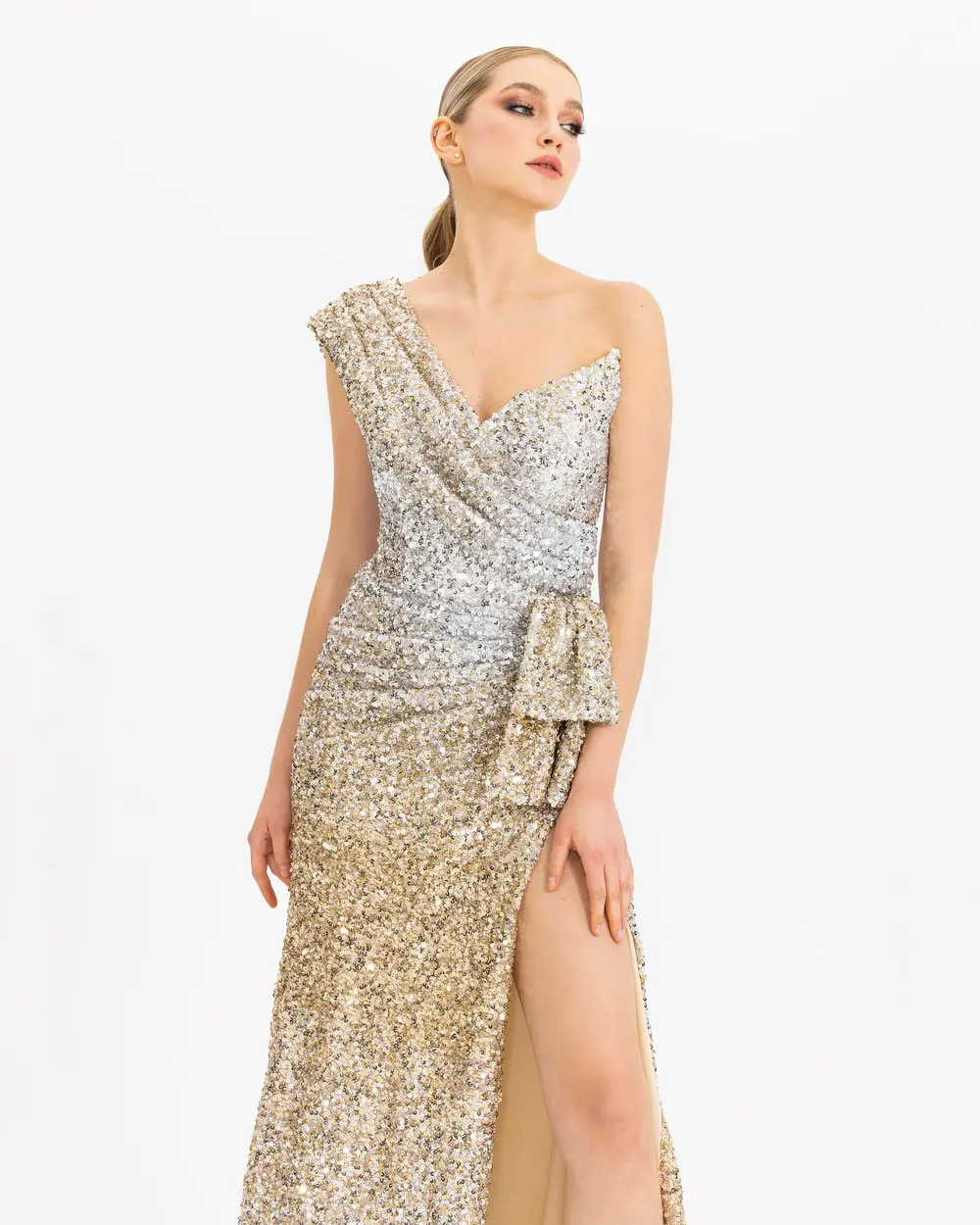 ONE SHOULDER SLIT SEQUIN EVENING DRESS