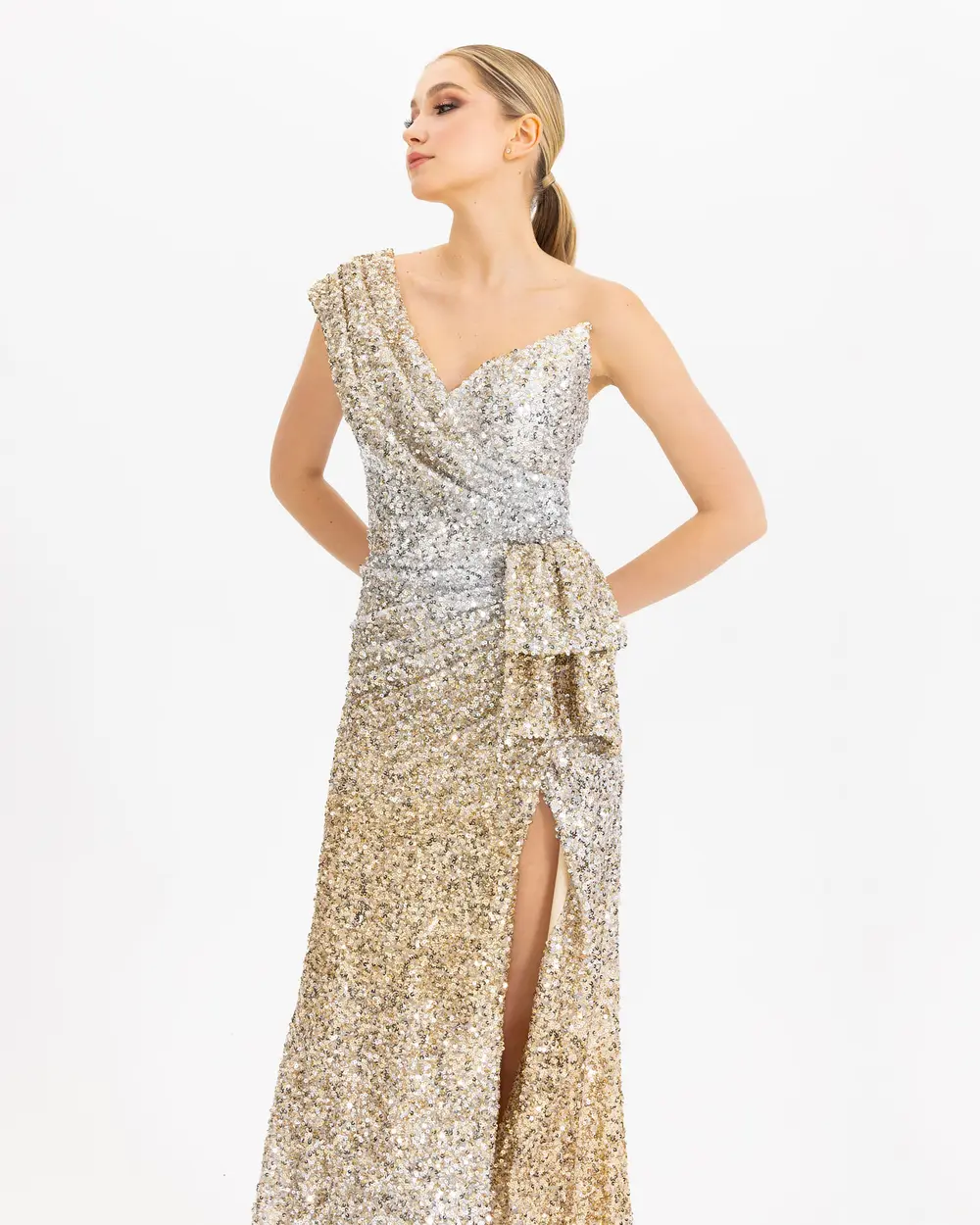 ONE SHOULDER SLIT SEQUIN EVENING DRESS