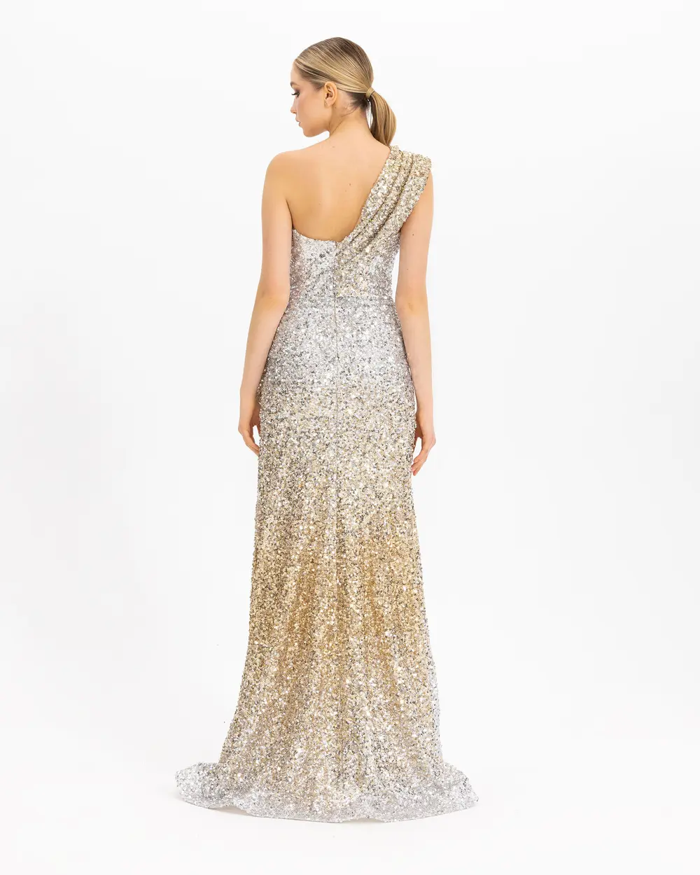 ONE SHOULDER SLIT SEQUIN EVENING DRESS