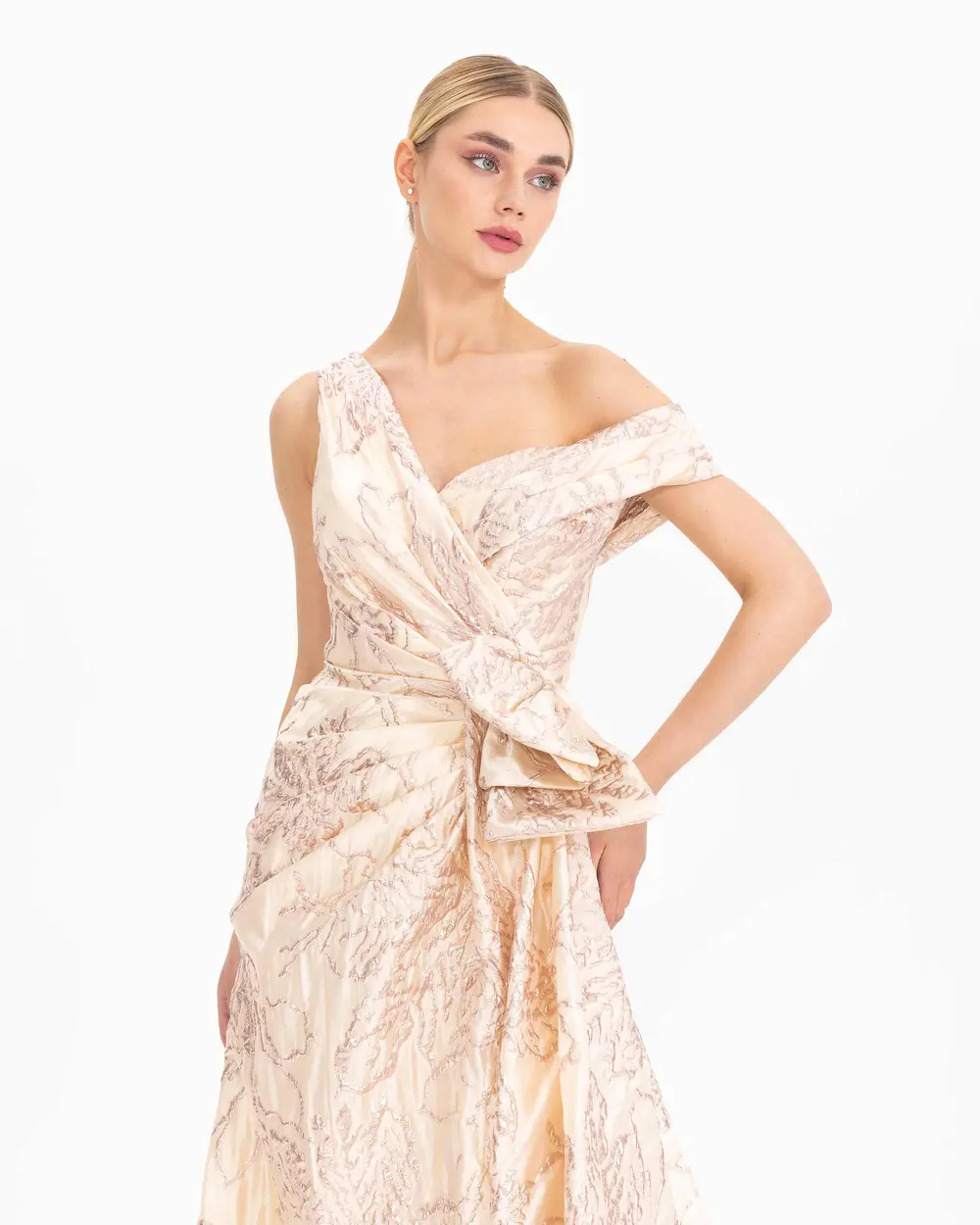 Draped Jacquard Evening Dress