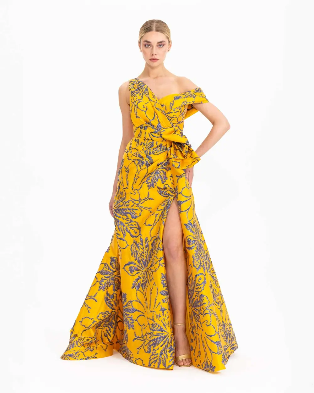 Draped Jacquard Evening Dress