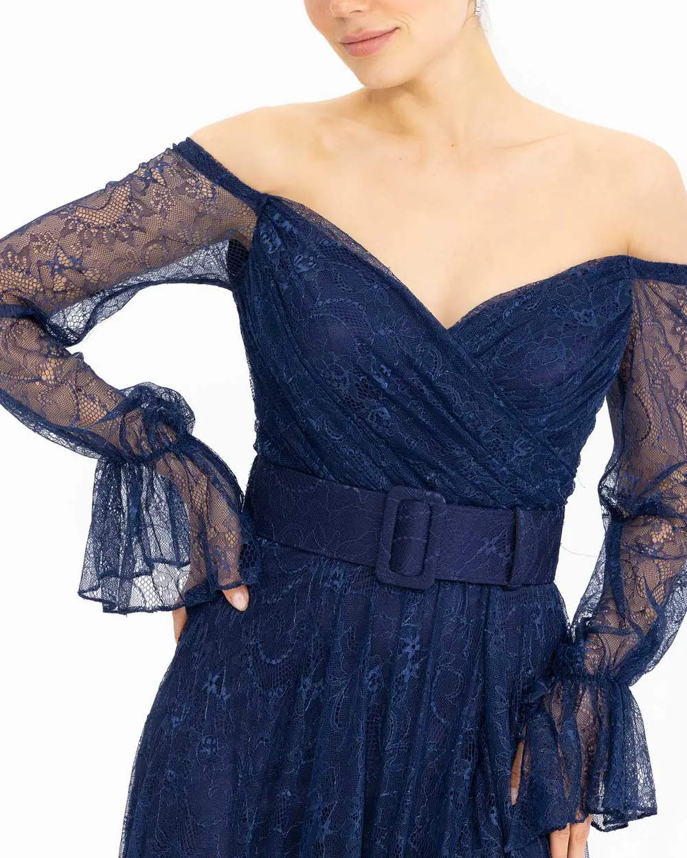  Belted Lace Evening Dress