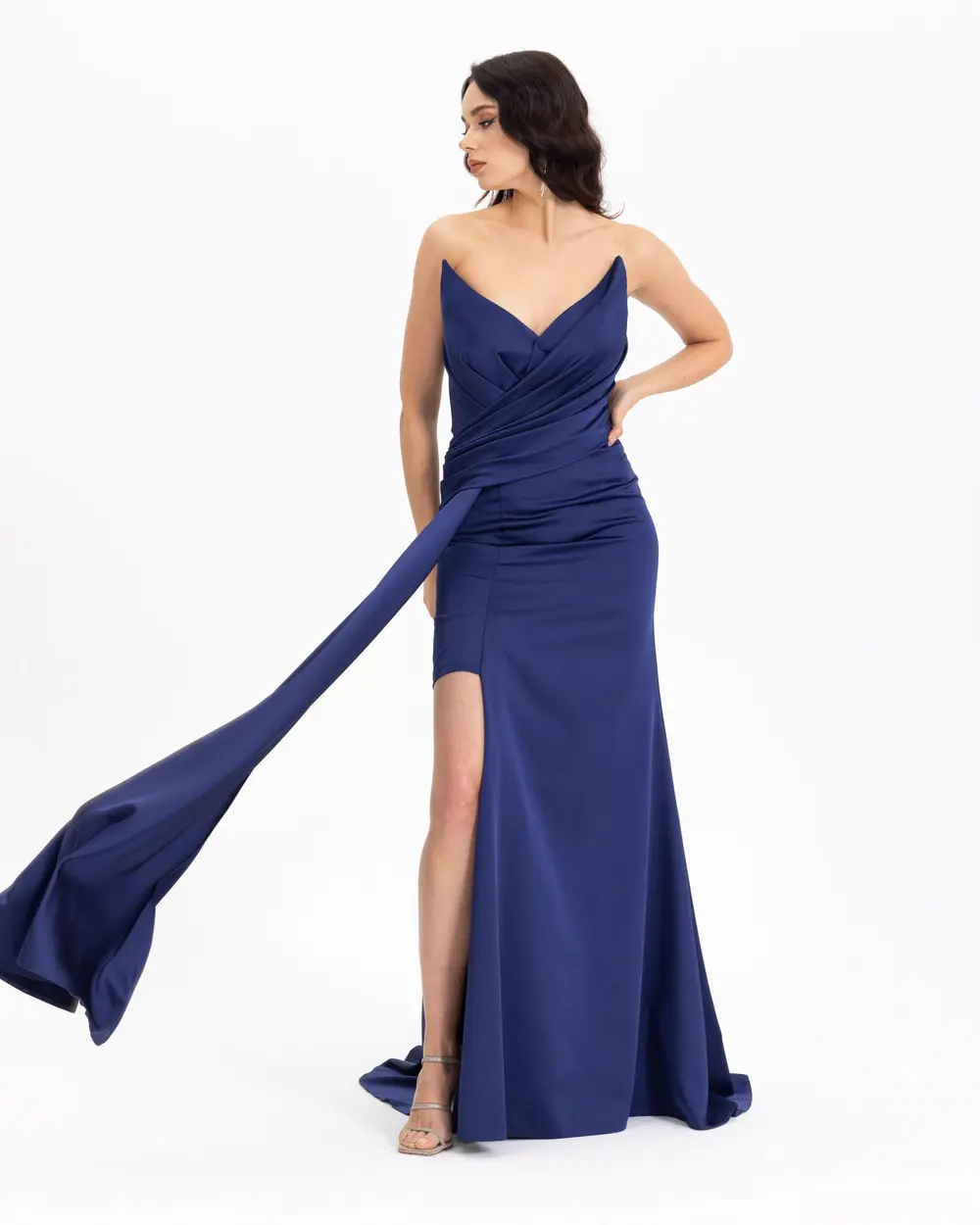  Dovetail Neck Satin Look Evening Dress