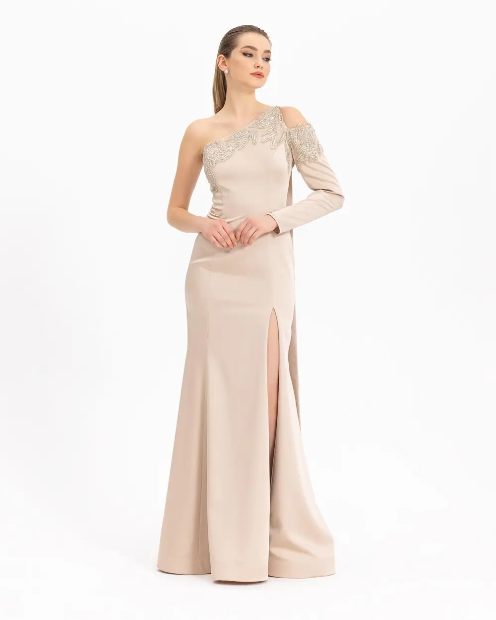 Stone Embroidered Single Sleeve Evening Dress