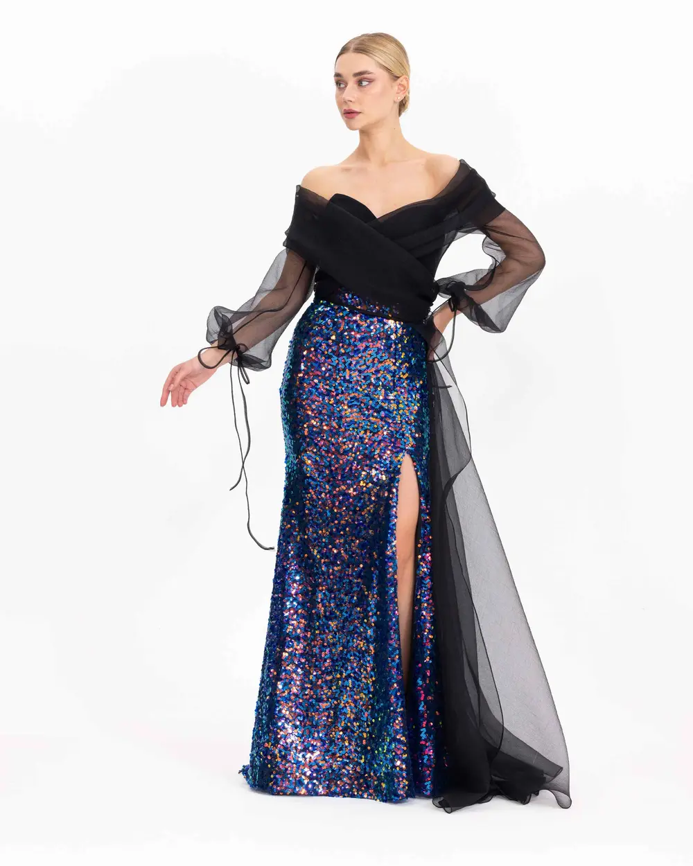 Sequin and Organza Detailed Evening Dress