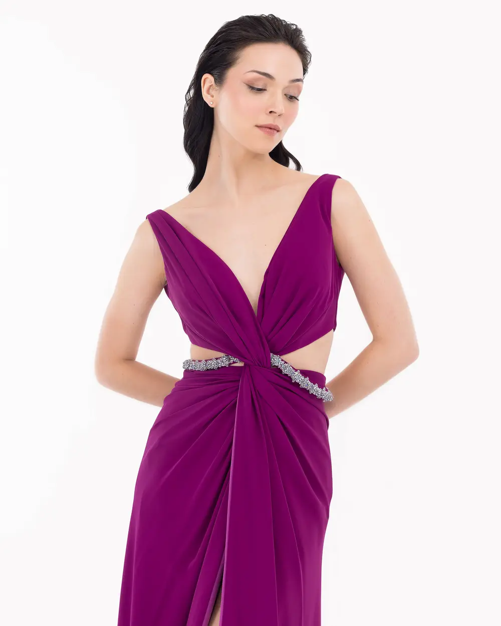 Window Detailed V-Neck Evening Dress