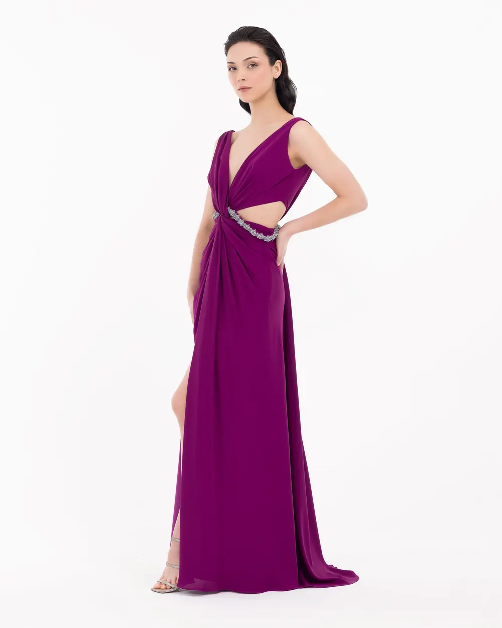 Window Detailed V-Neck Evening Dress