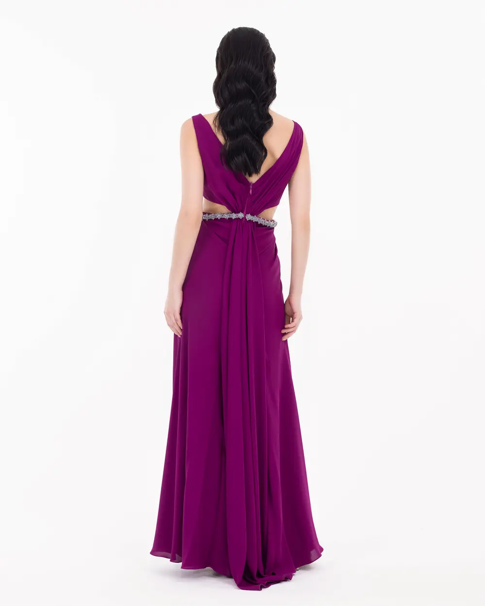 Window Detailed V-Neck Evening Dress