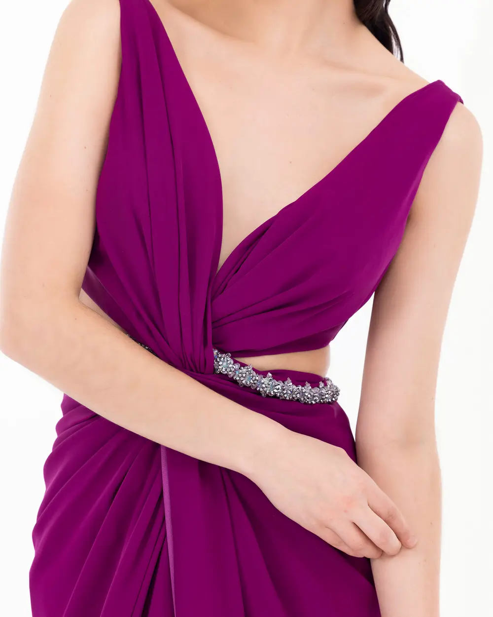 Window Detailed V-Neck Evening Dress