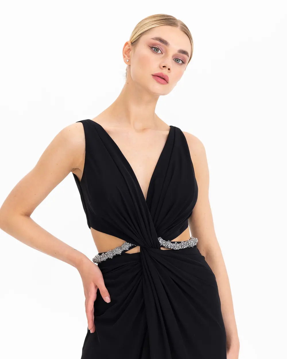 Window Detailed V-Neck Evening Dress