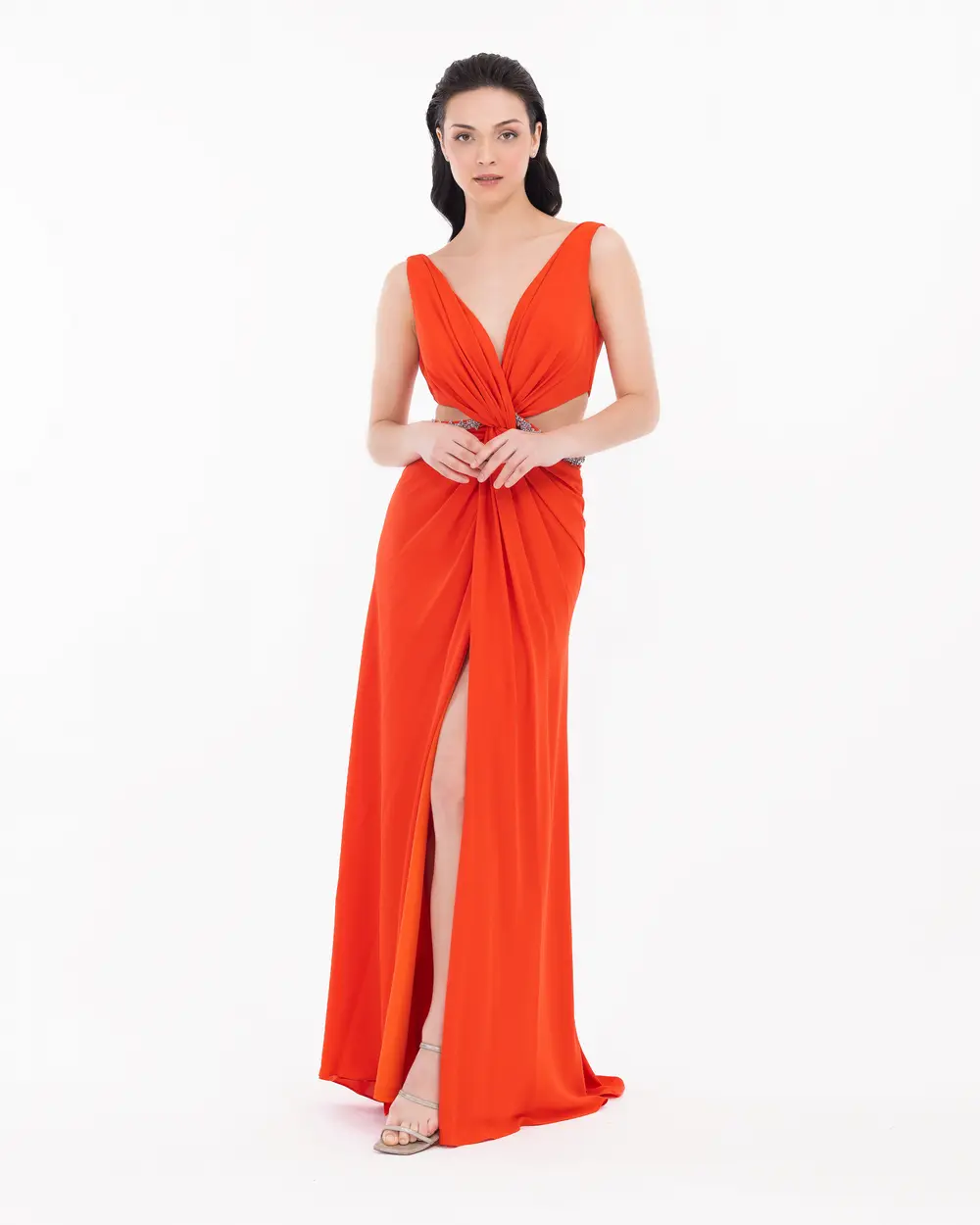 Window Detailed V-Neck Evening Dress