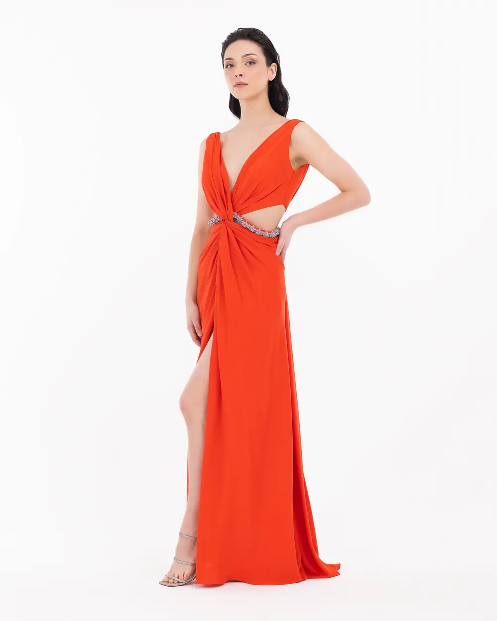 Window Detailed V-Neck Evening Dress