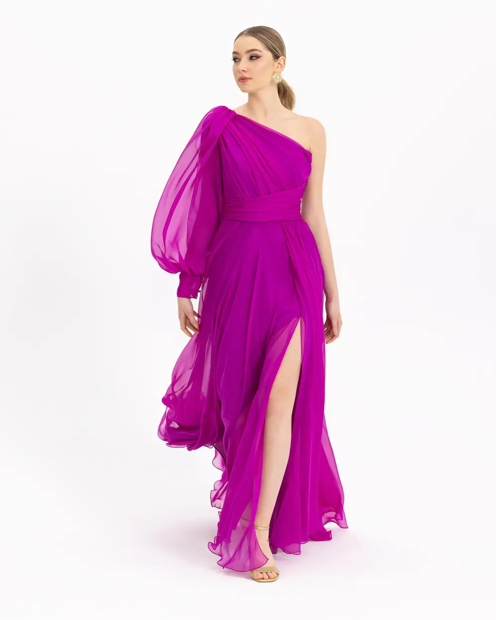 One Shoulder Chiffon Evening Dress