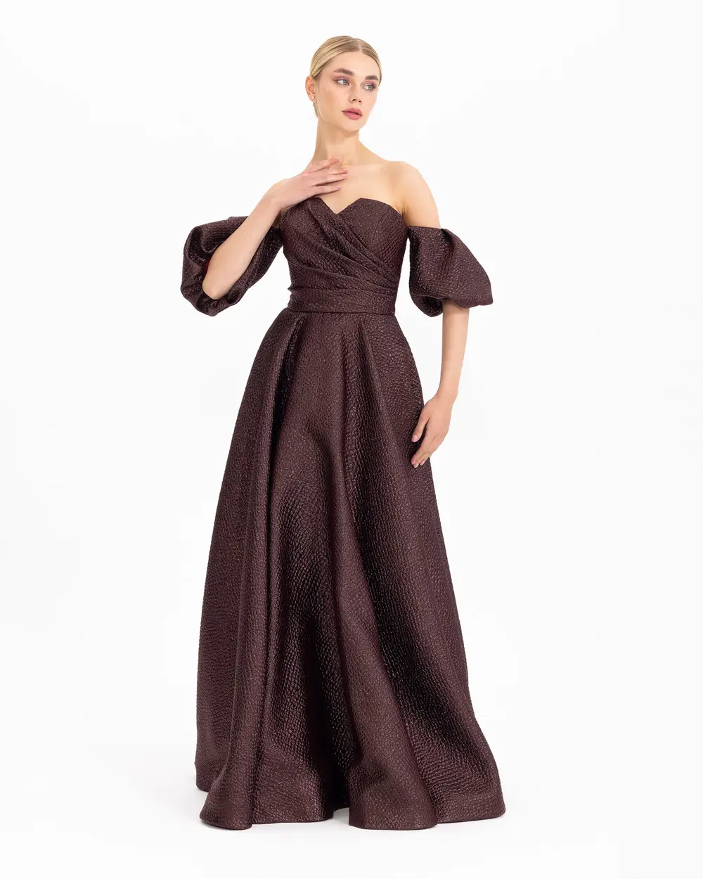  Balloon Sleeve Strapless Evening Dress