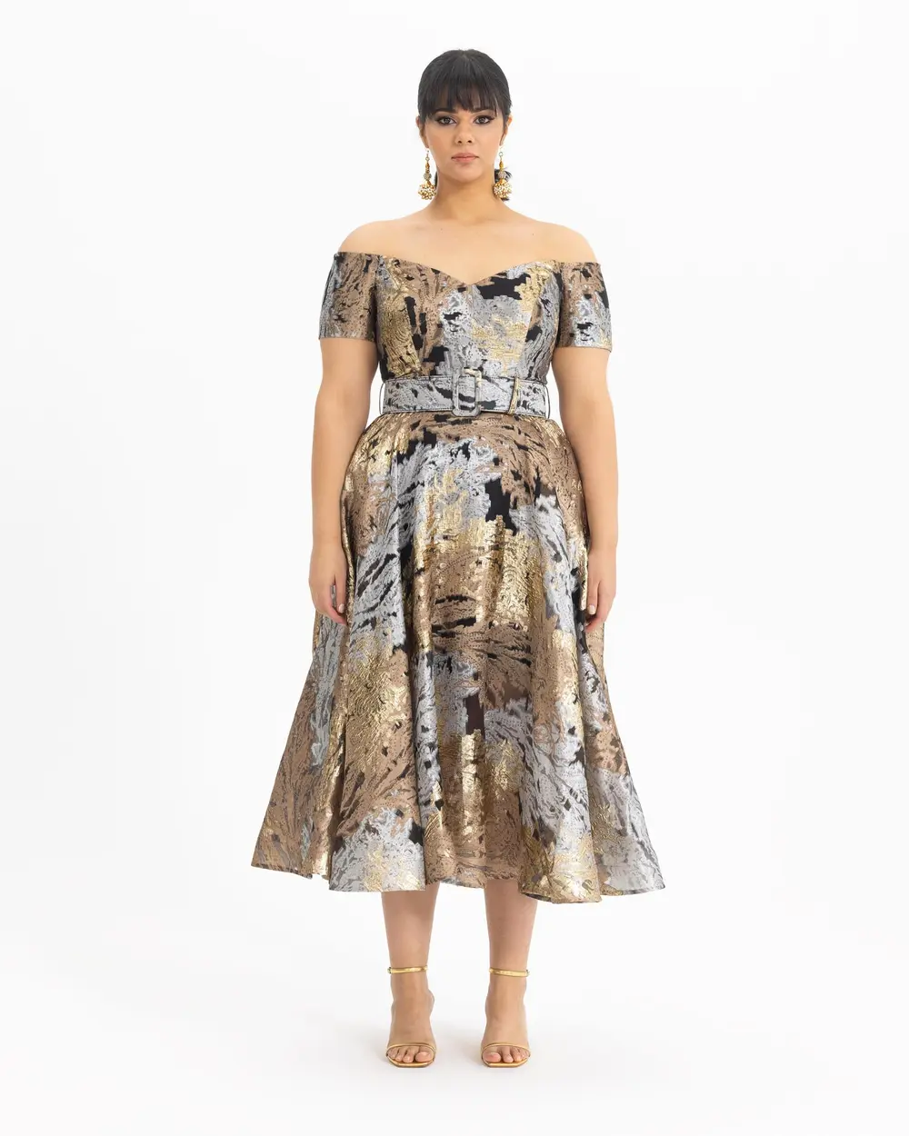  PLUS SIZE PATTERNED BELTED JACQUARD EVENING DRESS