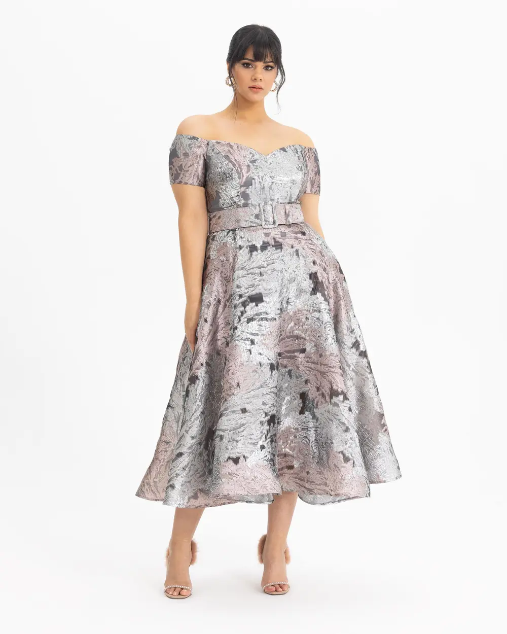  PLUS SIZE PATTERNED BELTED JACQUARD EVENING DRESS