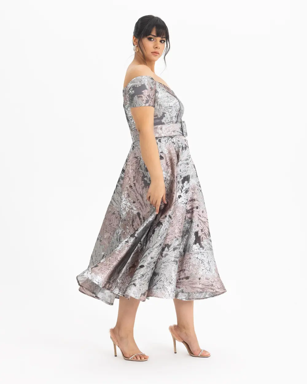  PLUS SIZE PATTERNED BELTED JACQUARD EVENING DRESS