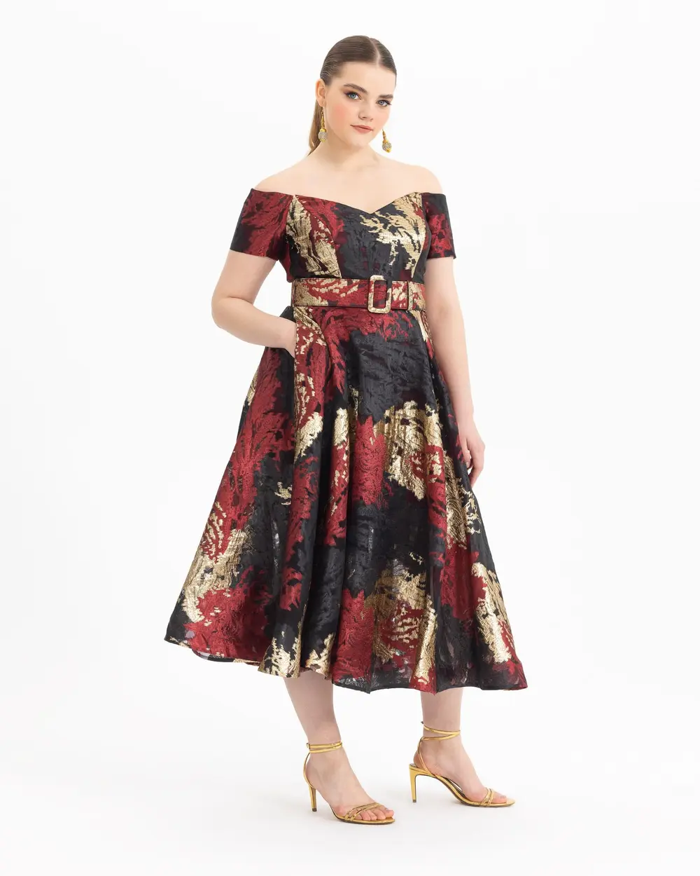  PLUS SIZE PATTERNED BELTED JACQUARD EVENING DRESS