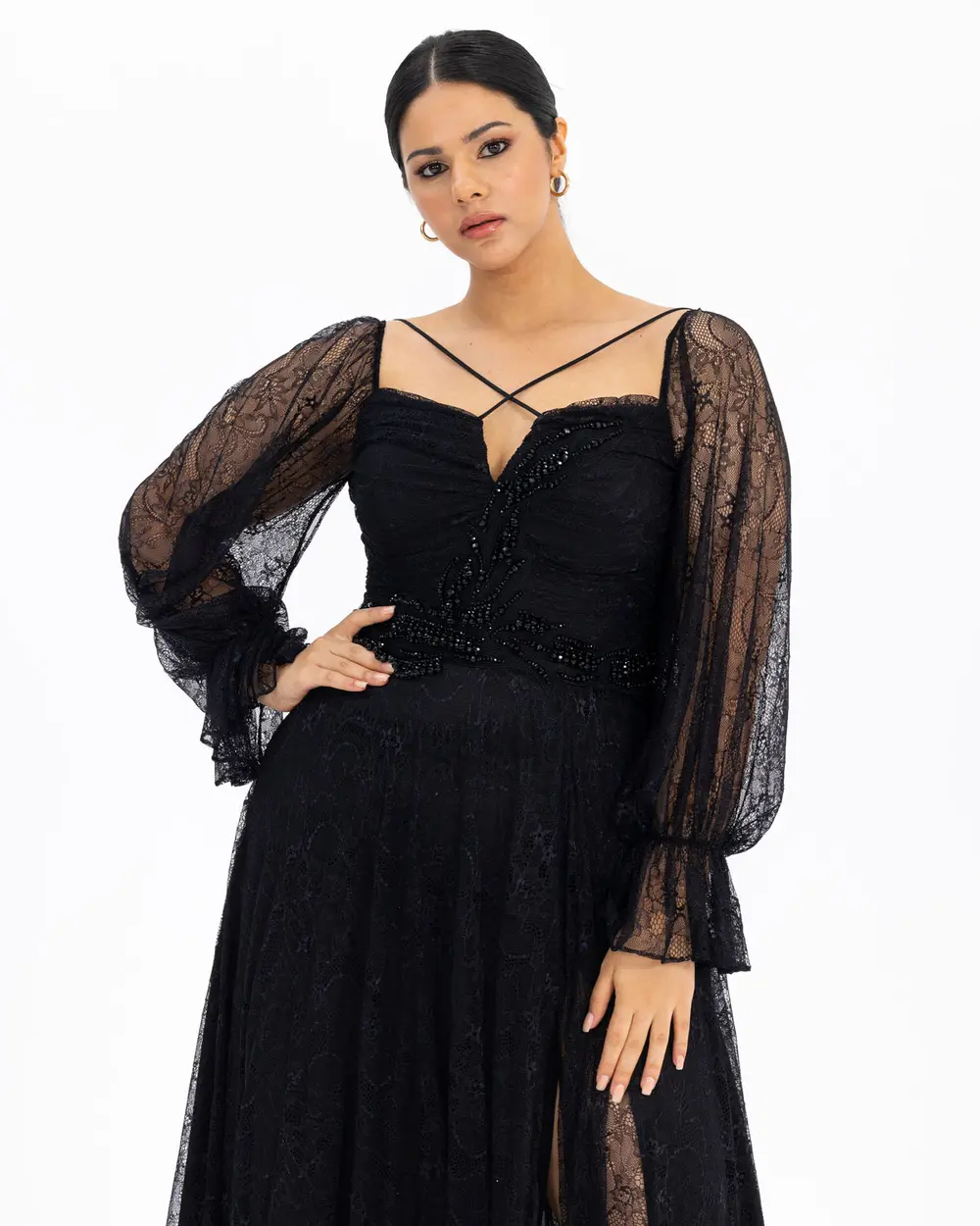 Plus Size Slit and Bead Embroidered Evening Dress