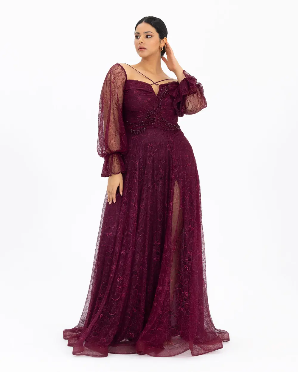 Plus Size Slit and Bead Embroidered Evening Dress