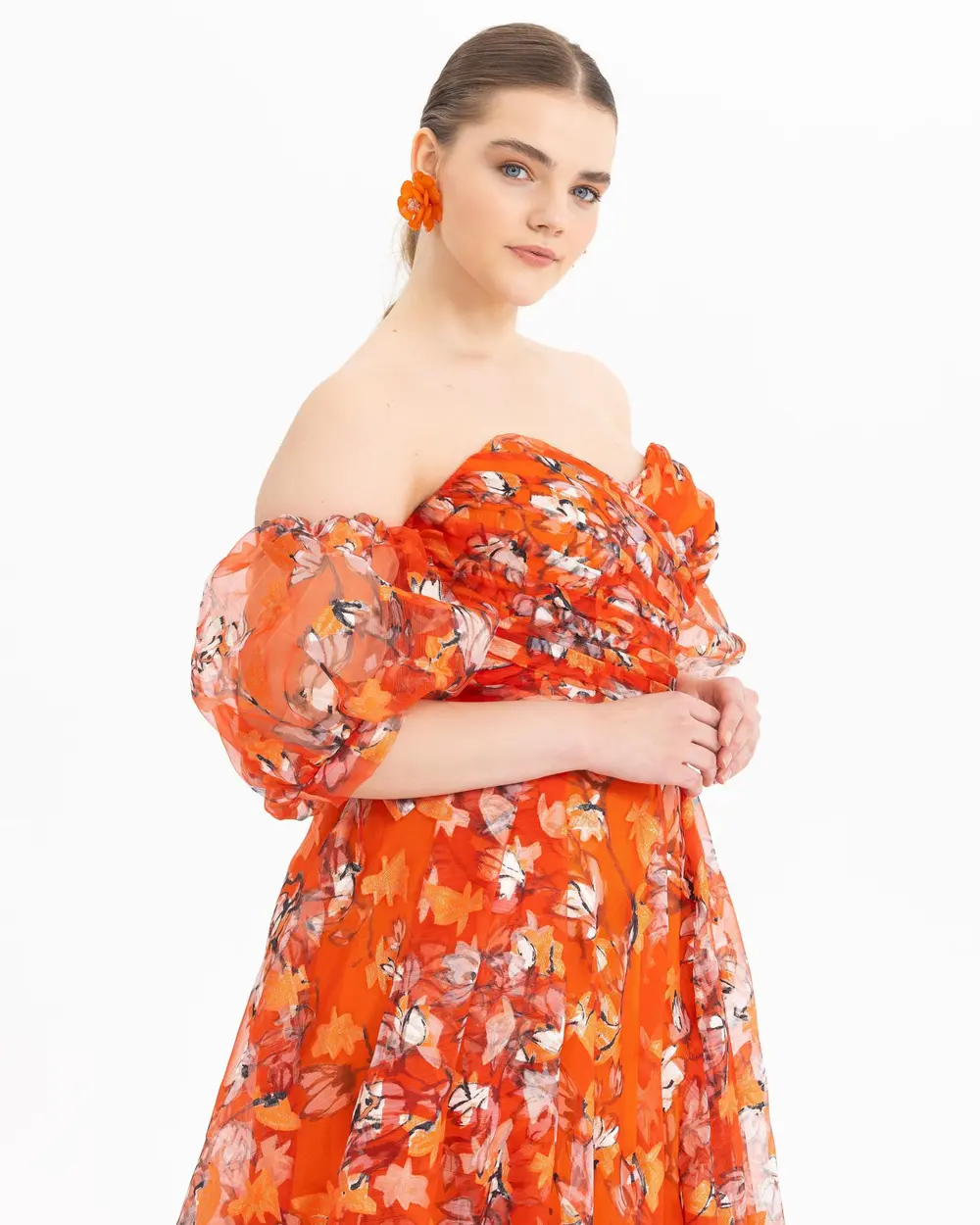  PLUS SIZE FLORAL PATTERNED BALLOON SLEEVE EVENING DRESS