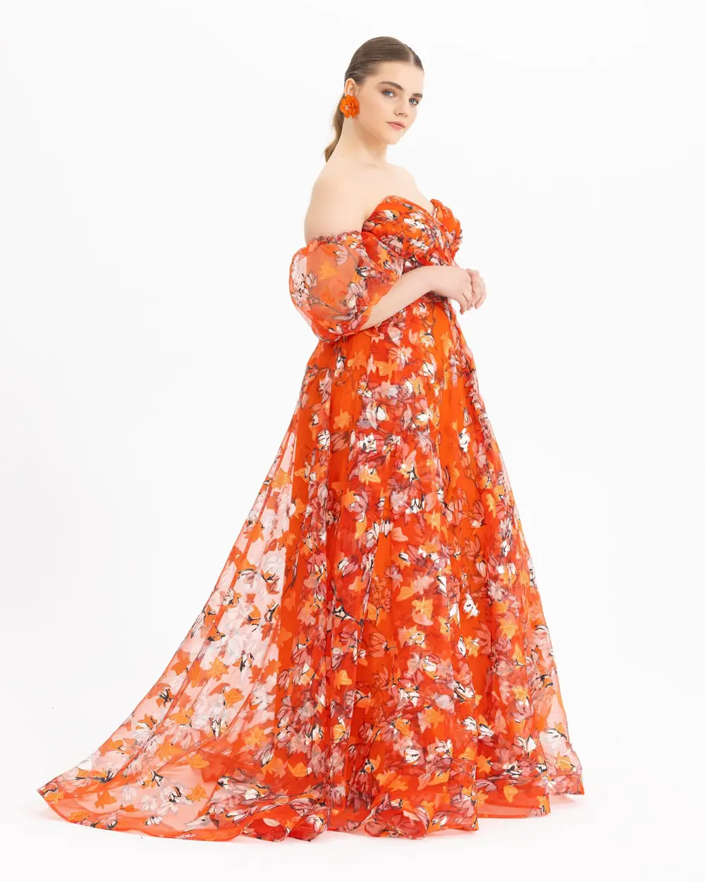  PLUS SIZE FLORAL PATTERNED BALLOON SLEEVE EVENING DRESS