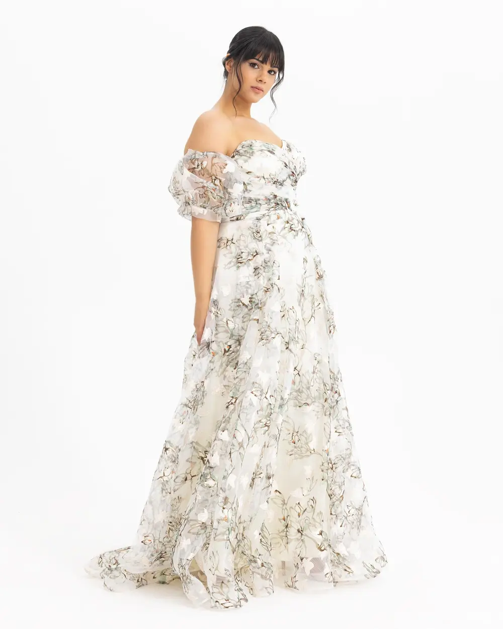  PLUS SIZE FLORAL PATTERNED BALLOON SLEEVE EVENING DRESS