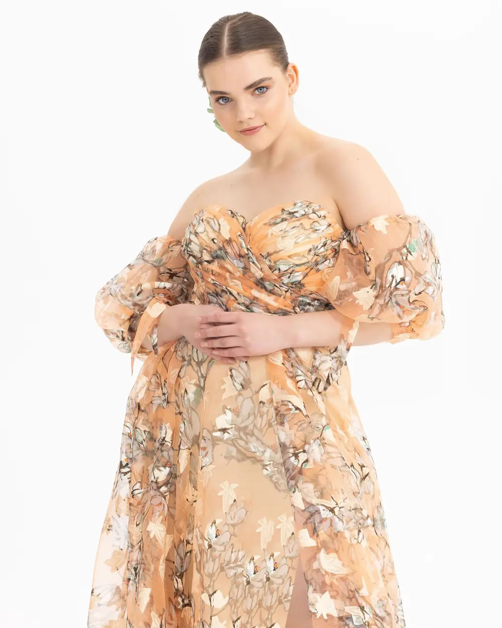  PLUS SIZE FLORAL PATTERNED BALLOON SLEEVE EVENING DRESS