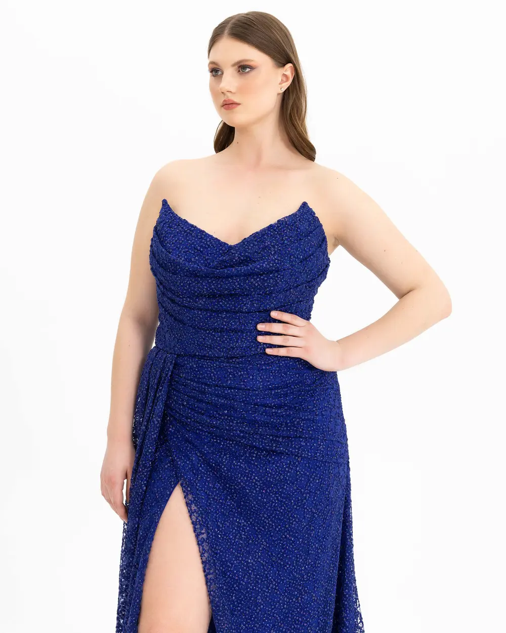  PLUS SIZE STRAPLES DRAPED BRODE EVENING DRESS