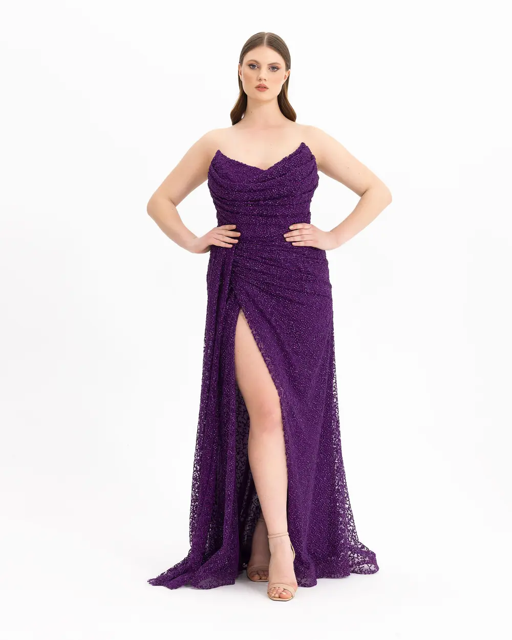  PLUS SIZE STRAPLES DRAPED BRODE EVENING DRESS