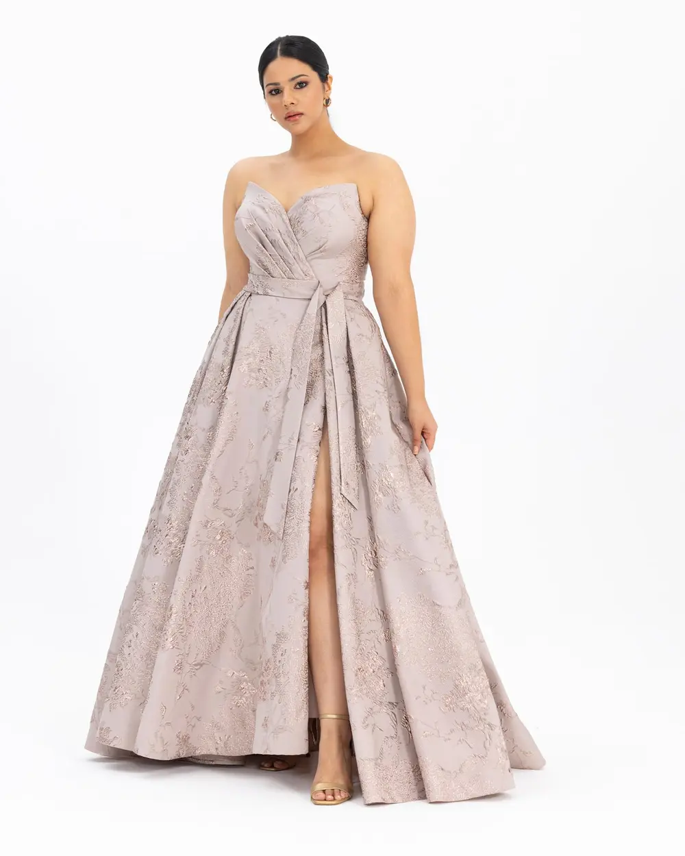  Plus Size Belted Jacquard Evening Dress